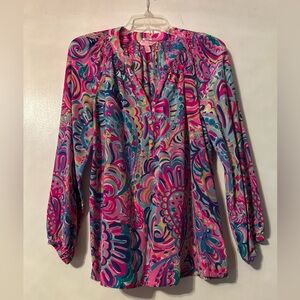 Lilly Pulitzer Pink and Blue Graphic Blouse with Mandarin Collar